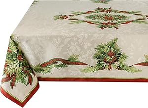 Kaycee Rose，Christmas Ribbons Engineered Printed Fabric Table Cloth, Winter, Holiday and Christmas Tablecloth (60" X 84" Rectangular, Xmas Ribbons)